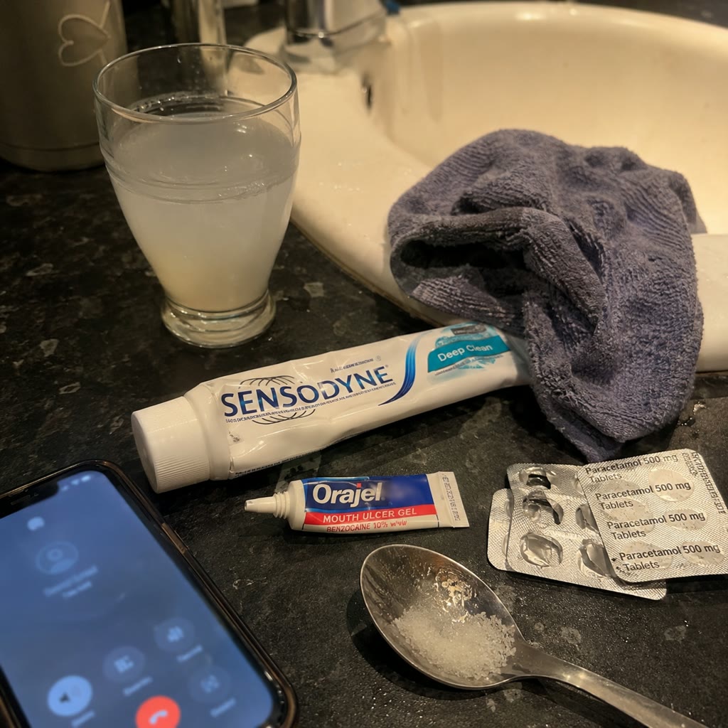 Bathroom counter with Sensodyne, Orajel, paracetamol, salt water, and a phone — the failed attempts.