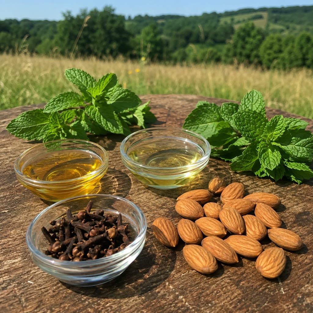 Four natural ingredients: clove oil, peppermint oil, spearmint oil, and sweet almond oil.