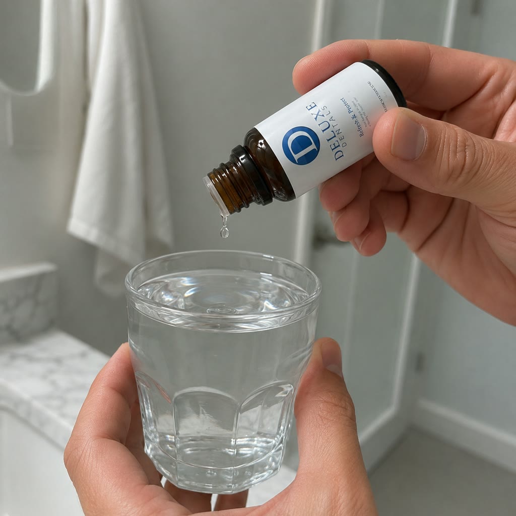 Deluxe Dentals bottle dripping into a glass of water.