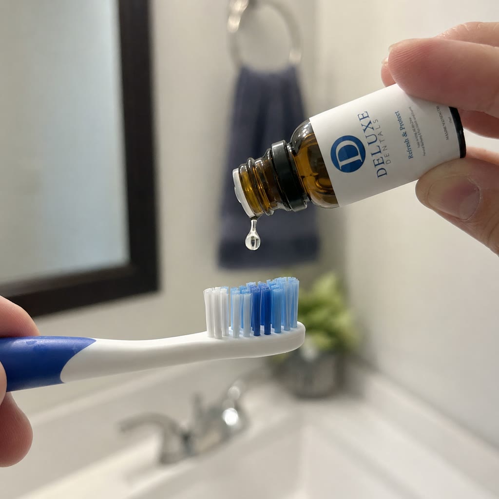 Drop of Deluxe Dentals oil falling onto a toothbrush.