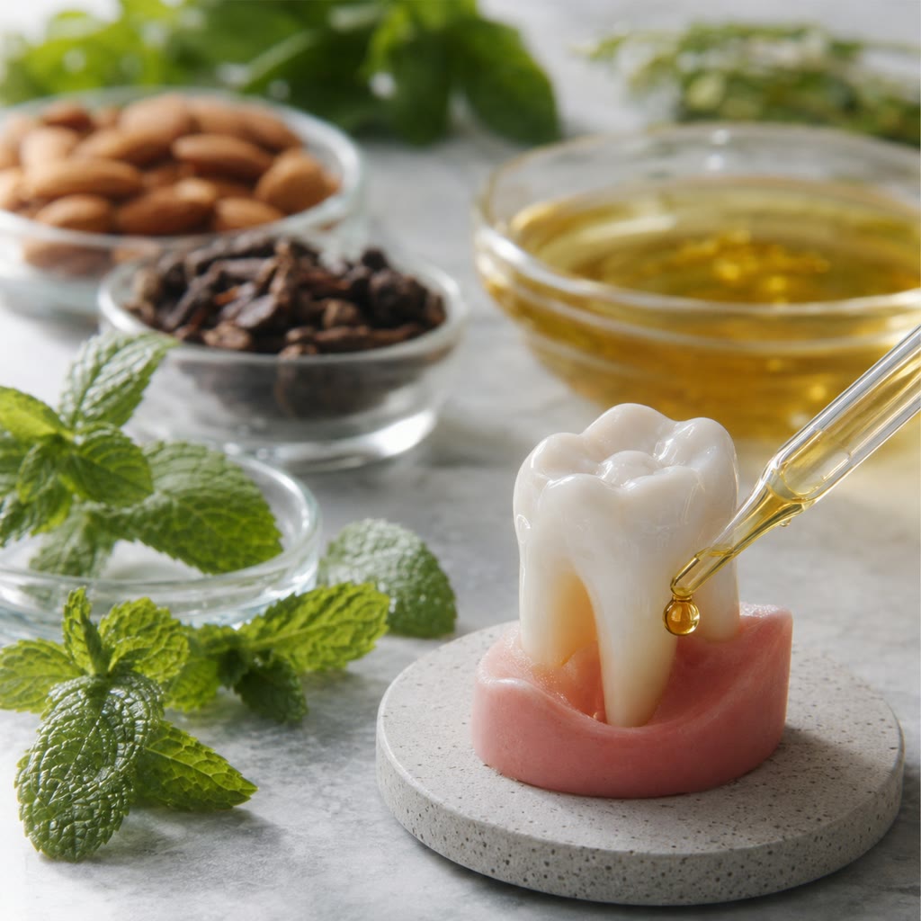 A model tooth with botanical oils being applied by a dropper, surrounded by cloves, peppermint, and almonds.