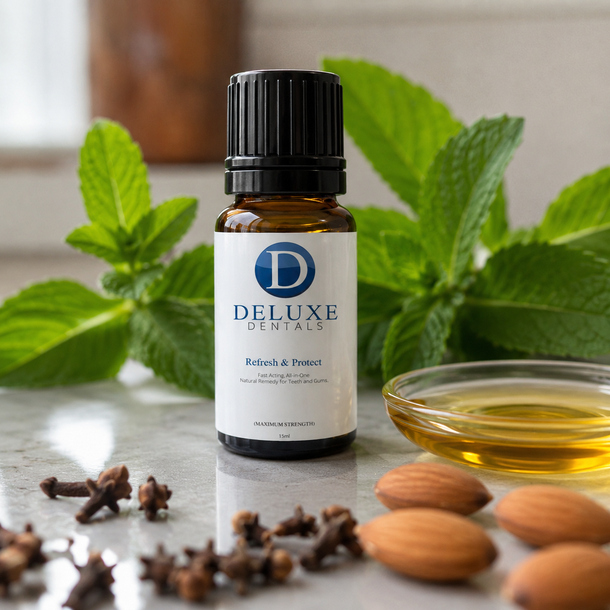 Refresh & Protect bottle with clove, peppermint, spearmint, almond.